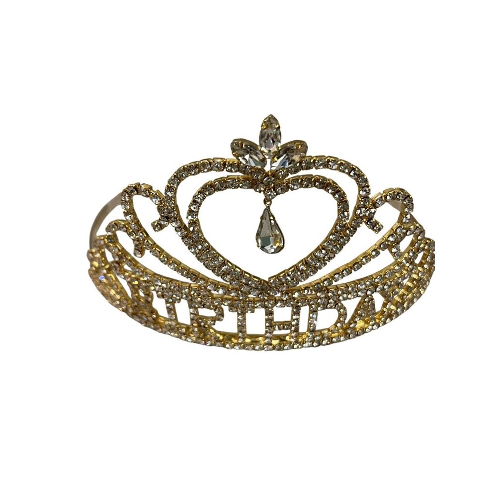 Birthday Tiara Crown Headband Gold Rhinestone‎ Heart Teardrop Crystal Adult